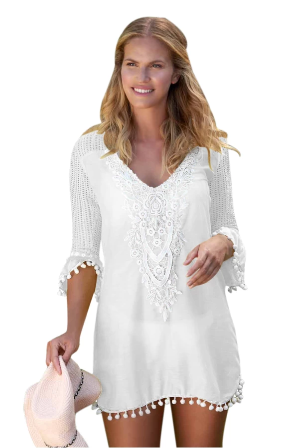 White Crochet Insert  Pom Pom Trim Tunic Cover Up Dress 
